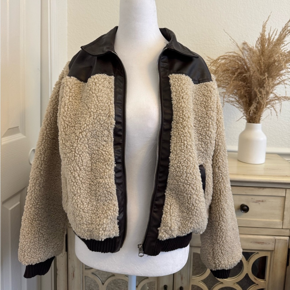 Beige Sherpa Jacket with Dark Brown Trim